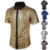 xoxingysm Mens Sequin Dress Shirt Short Sleeve Hipster Sparkly Metallic 70s Disco Costume Nightclub Party Holographic Button Down T Shirt view 2