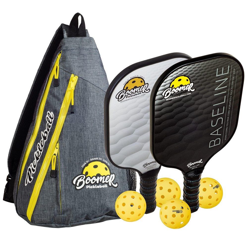 Baseline Pickleball Paddle Set Includes 2 Graphite Paddles + 4 Pickleballs + Sling Bag | Paddles Feature Graphite Face and Honeycomb Core | 4 Pickleball Balls | Dashing & Practical Sling-Bag