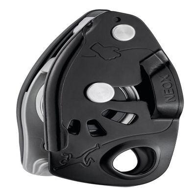 NEOX Belay device with cam-assisted blocking, optimized for lead climbing, Black