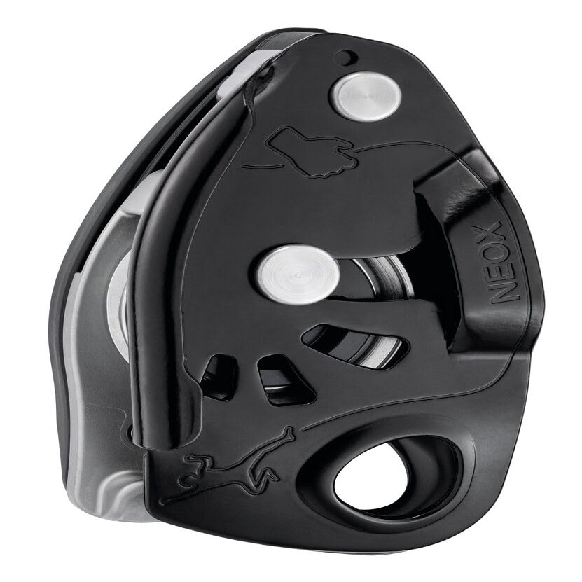 NEOX Belay device with cam-assisted blocking, optimized for lead climbing, Black
