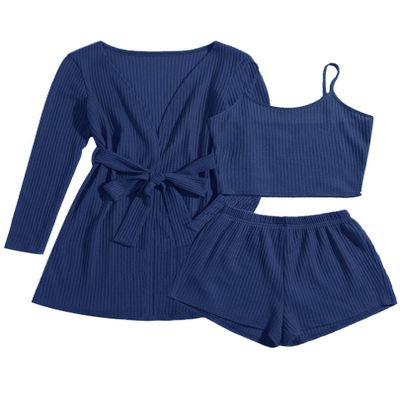 Ekouaer Pajamas for Women Set 3 Piece Lounge Set Soft Pajama Sets Waffle Knit Tank Top and Shorts Cardigan with Pockets S-XXL Navy Blue