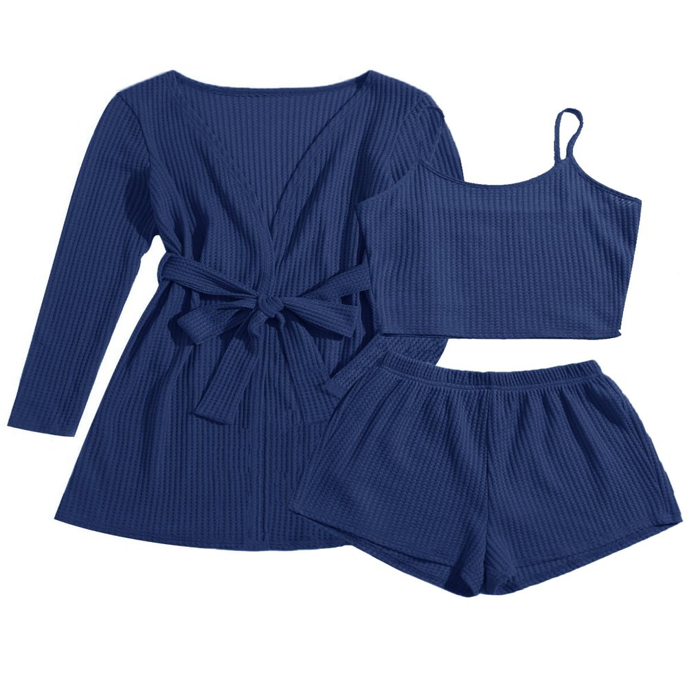 Ekouaer Pajamas for Women Set 3 Piece Lounge Set Soft Pajama Sets Waffle Knit Tank Top and Shorts Cardigan with Pockets S-XXL Navy Blue