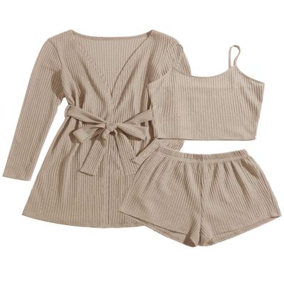 Ekouaer Pajamas for Women Set 3 Piece Lounge Set Soft Pajama Sets Waffle Knit Tank Top and Shorts Cardigan with Pockets S-XXL Khaki