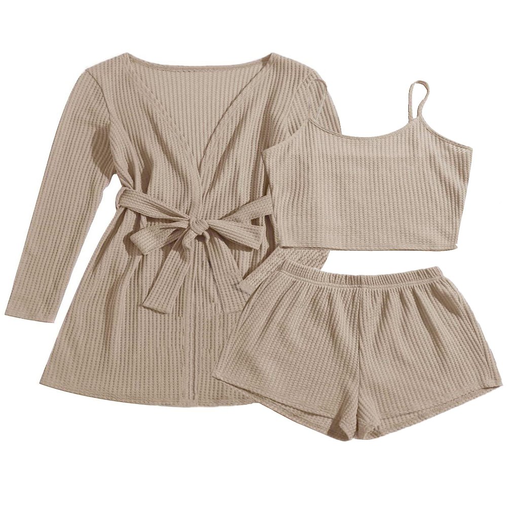 Ekouaer Pajamas for Women Set 3 Piece Lounge Set Soft Pajama Sets Waffle Knit Tank Top and Shorts Cardigan with Pockets S-XXL Khaki