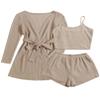 Ekouaer Pajamas for Women Set 3 Piece Lounge Set Soft Pajama Sets Waffle Knit Tank Top and Shorts Cardigan with Pockets S-XXL Khaki view 1