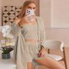 Ekouaer Pajamas for Women Set 3 Piece Lounge Set Soft Pajama Sets Waffle Knit Tank Top and Shorts Cardigan with Pockets S-XXL Khaki view 3