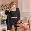 Ekouaer Pajamas for Women Set 3 Piece Lounge Set Soft Pajama Sets Waffle Knit Tank Top and Shorts Cardigan with Pockets S-XXL Black view 3