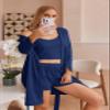 Ekouaer Pajamas for Women Set 3 Piece Lounge Set Soft Pajama Sets Waffle Knit Tank Top and Shorts Cardigan with Pockets S-XXL Navy Blue view 3