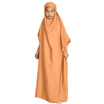 AFAVOM Abaya for Girls Muslim Full Cover Dress with Hijab Kaftan Islamic Prayer Robes Dress Kids Long Sleeve Formal Prayer Clothes Dubai Hijab Eid Dress Teens Casual Maxi Gown Orange 11-12 Years