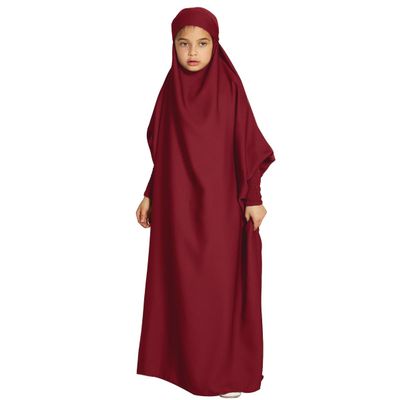 AFAVOM Abaya for Girls Muslim Full Cover Dress with Hijab Kaftan Islamic Prayer Robes Dress Kids Long Sleeve Formal Prayer Clothes Dubai Hijab Eid Dress Teens Casual Maxi Gown Wine Red 8-9 Years