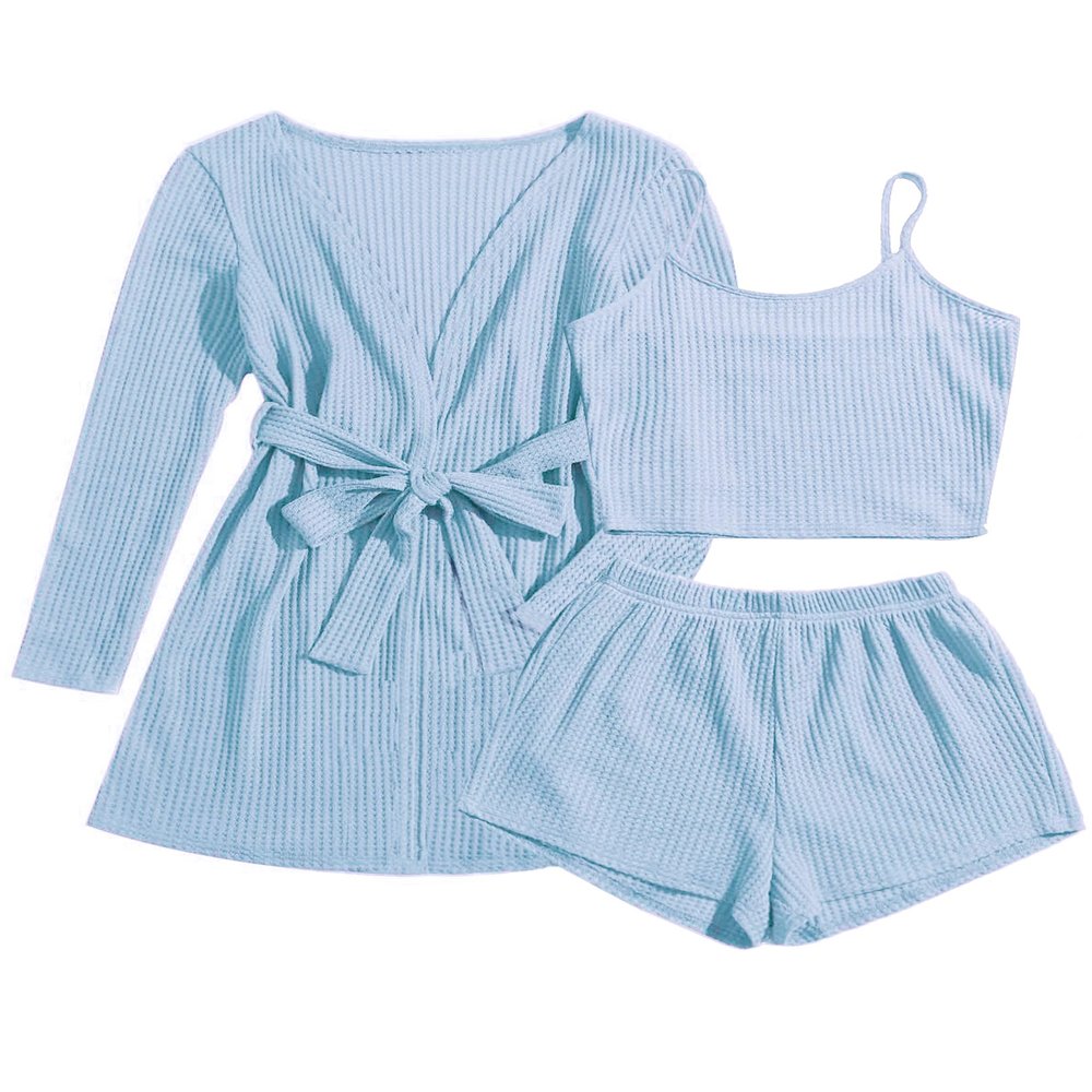 Ekouaer Pajamas for Women Set 3 Piece Lounge Set Soft Pajama Sets Waffle Knit Tank Top and Shorts Cardigan with Pockets S-XXL Light Blue