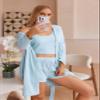 Ekouaer Pajamas for Women Set 3 Piece Lounge Set Soft Pajama Sets Waffle Knit Tank Top and Shorts Cardigan with Pockets S-XXL Light Blue view 3