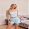 Ekouaer Pajamas for Women Set 3 Piece Lounge Set Soft Pajama Sets Waffle Knit Tank Top and Shorts Cardigan with Pockets S-XXL Light Blue view 4