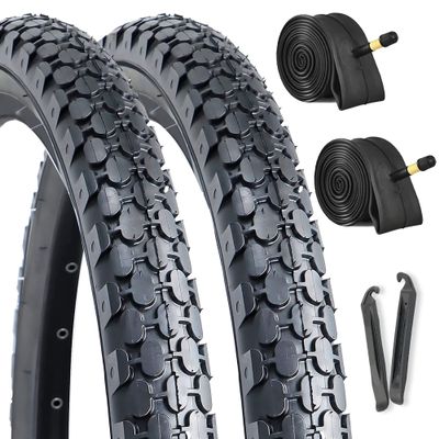 2-Pack Cruiser Bike Tires Set: Hycline 24x2.125 inch Folding Replacement Puncture-Resistant Bicycle Tires and Pair 24-inch Inner Tubes with Tire Levers for Beach or Urban City Commuter Bike-Black
