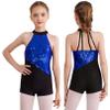 JEATHA Ballet Leotards for Girls Shiny Sequins Sleeveless Halter Neck Short Jumpsuit Dance Performance Costume Royal Blue 6 Years view 1