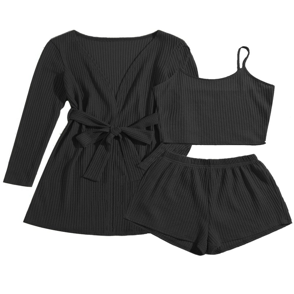 Ekouaer Pajamas for Women Set 3 Piece Lounge Set Soft Pajama Sets Waffle Knit Tank Top and Shorts Cardigan with Pockets S-XXL Black