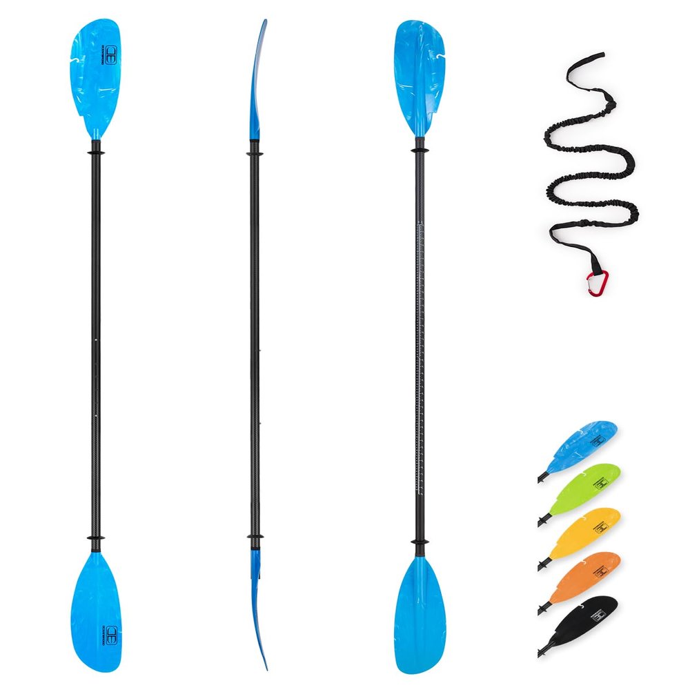 OCEANBROAD Adjustable Carbon Fishing Kayak Paddle - 94in/240cm-98in/250cm-102in/260cm Carbon Fiber Shaft Paddles Kayaking Fishing Oar with Paddle Leash, Blue