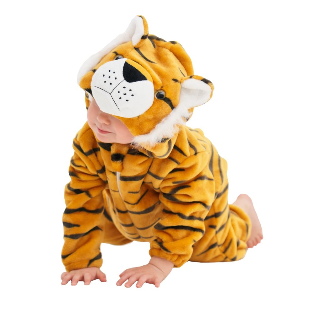 LONULAIN Unisex Baby Animal Costume Pajamas, Infant Flannel Hooded Halloween Romper Cosplay Costume/Homewear/Sleepwear (Tiger,6-12 Months)