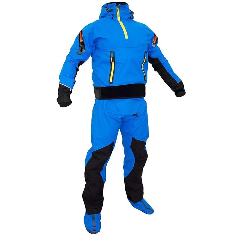 Hcclijo Men Sturdy Hooded Dry Suit Safely Drysuit Spring Whitewater Expanding Boating Kayaking Fishing Warm Waterproof Blue M