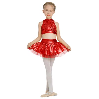 Girls Metallic Dance Kids Jazze Latin Ballet Dancewear Shiny Sequin Tank Crop Top High Waist Ruffle Tutu Skirt Circus Outfits Gymnastics Leotard Red 5-6 Years