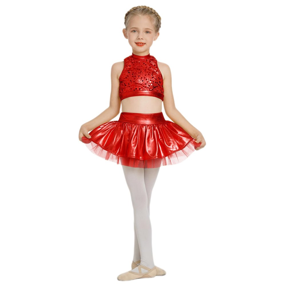 Girls Metallic Dance Kids Jazze Latin Ballet Dancewear Shiny Sequin Tank Crop Top High Waist Ruffle Tutu Skirt Circus Outfits Gymnastics Leotard Red 5-6 Years