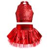Girls Metallic Dance Kids Jazze Latin Ballet Dancewear Shiny Sequin Tank Crop Top High Waist Ruffle Tutu Skirt Circus Outfits Gymnastics Leotard Red 5-6 Years view 3