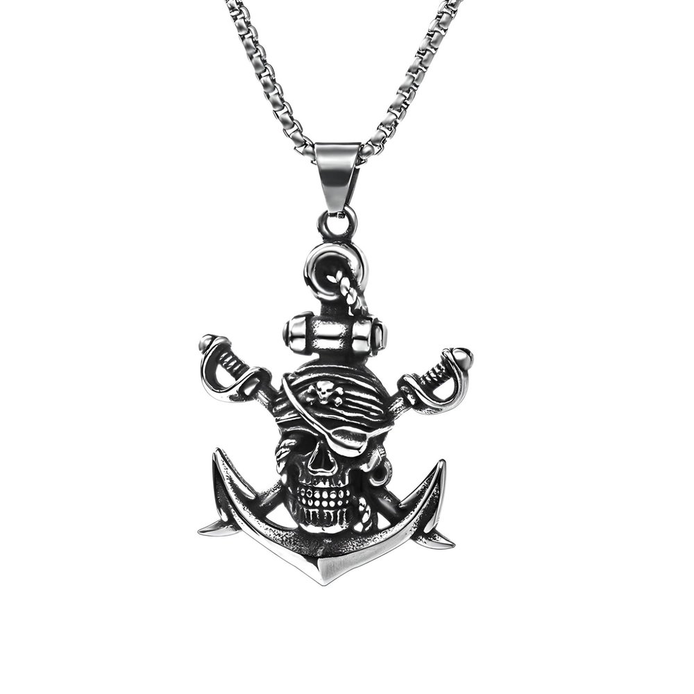 925 Sterling Silver Anchor Necklace, Double Sword Pirate Pendant Necklace For Men Retro Halloween Skull Ghost Head Anchor Necklace Imitation Turquoise Ancho, Nautical Jewelry For Women Men