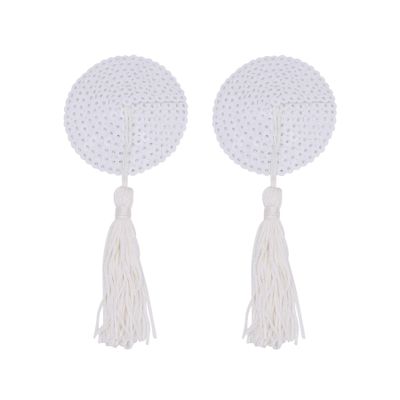 JUMISEE Reusable Adhesive Nipple Covers Pasties, Shiny Glitter Sequin Silicone Round-Shaped Breast Petals Bra with Tassel White