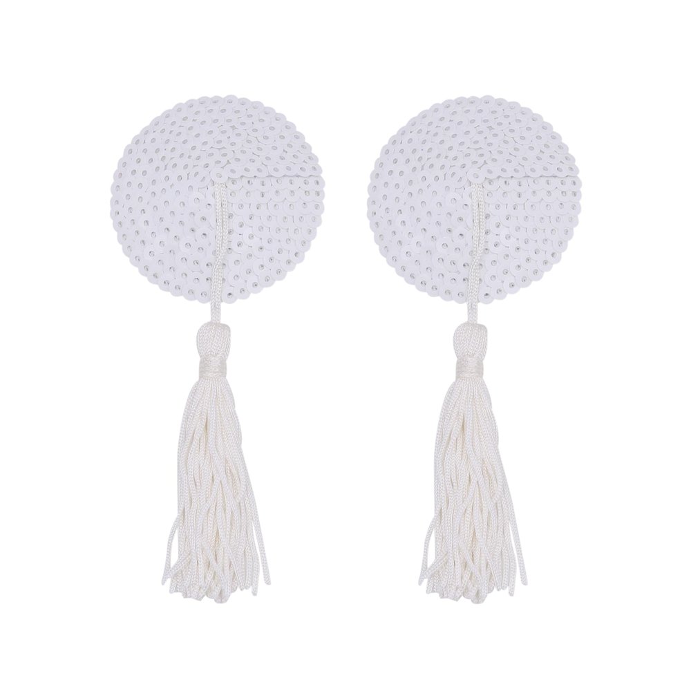 JUMISEE Reusable Adhesive Nipple Covers Pasties, Shiny Glitter Sequin Silicone Round-Shaped Breast Petals Bra with Tassel White