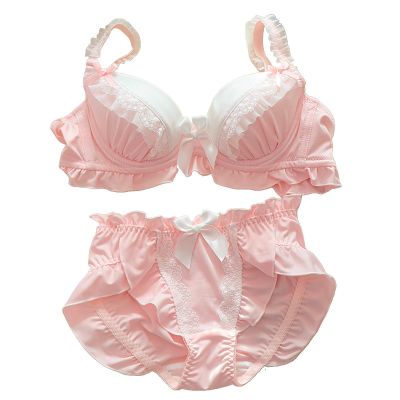 Girls Underwear Sweet Lace With Steel Ring Bra Set Kawaii Sexy Lingerie Bow Lace Bras And Panty Lolita Plus Size Underwear (Color : pink, Size : 80C)