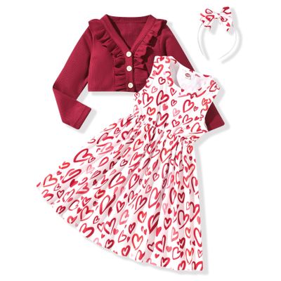 3T Toddler Little Girls Valentines Dress Outfits Red Heart Sleeveless Sundress with Long Sleeve Waffle Cardigan Set 3-4T