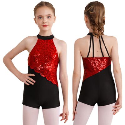 Agoky Children Girls Sparkle Dancing Costume Hip Hop Jazz Modern Dance Clothes Ballet Leotard Gymnastic Jumpsuit Red B 8 Years