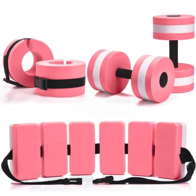 Motionchic 5 Pcs Water Aerobics Equipment Set, Pool Exercise Equipment for Adults with Swim Belt, EVA Pool Weights Dumbbells and Ankle Weights, Water Aerobics Weight Set(Pink,Classic)