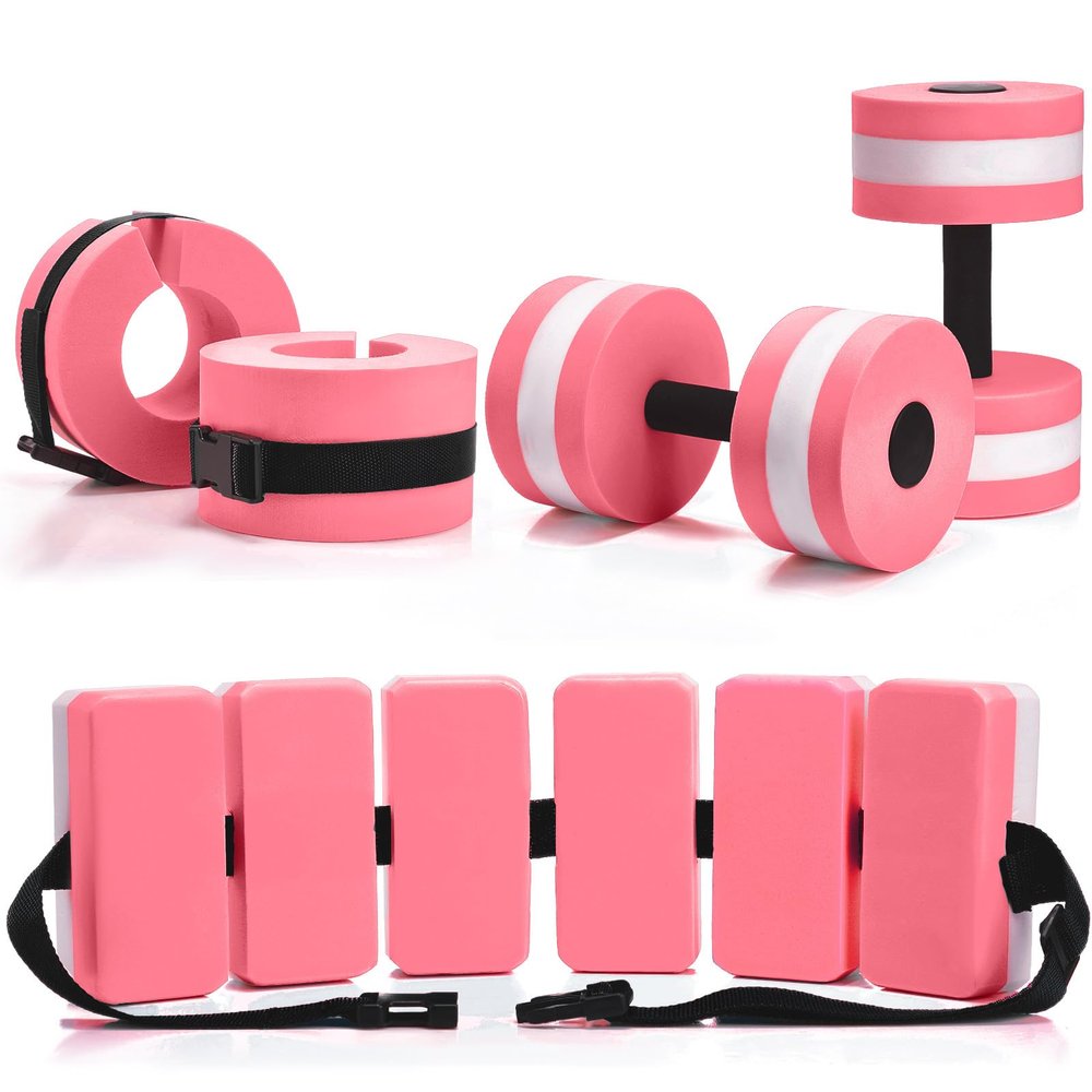 Motionchic 5 Pcs Water Aerobics Equipment Set, Pool Exercise Equipment for Adults with Swim Belt, EVA Pool Weights Dumbbells and Ankle Weights, Water Aerobics Weight Set(Pink,Classic)