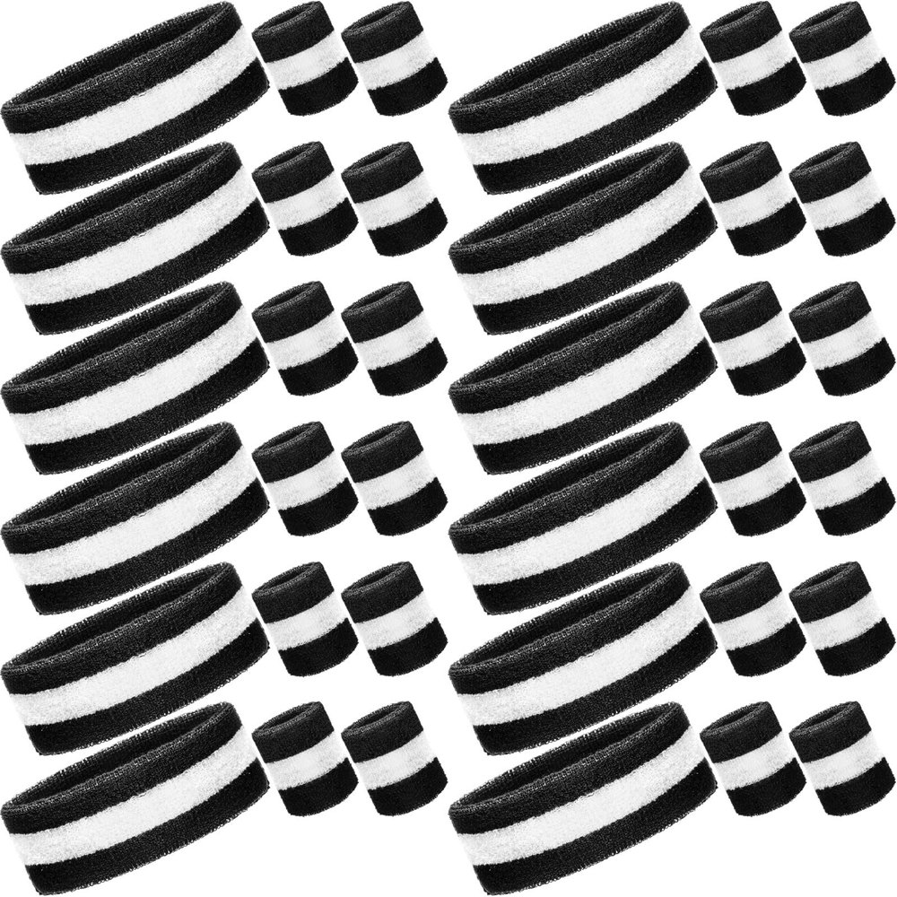 Eurzom Sweatband Set - 12 Absorbing Headbands and 24 Cotton Wristbands for Gym, Sports (Black, White)