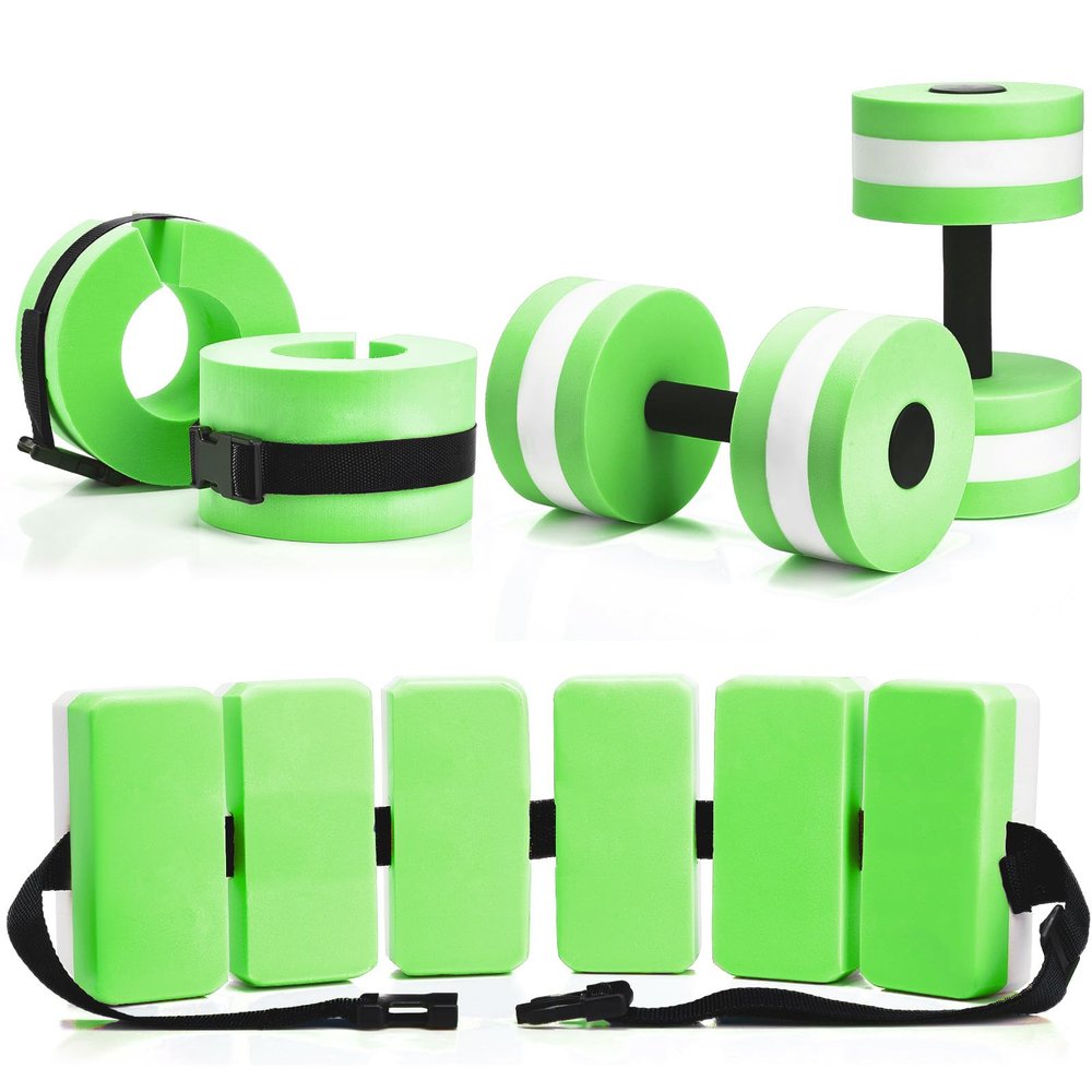 Motionchic 5 Pcs Aquatic Exercise Set Including 2 Ankle Swimming Weights 2 Lightweight Aquatic Exercise Dumbbells and Swim Belt Pool Exercise Equipment for Aquatic Aerobics Exercise (Green)
