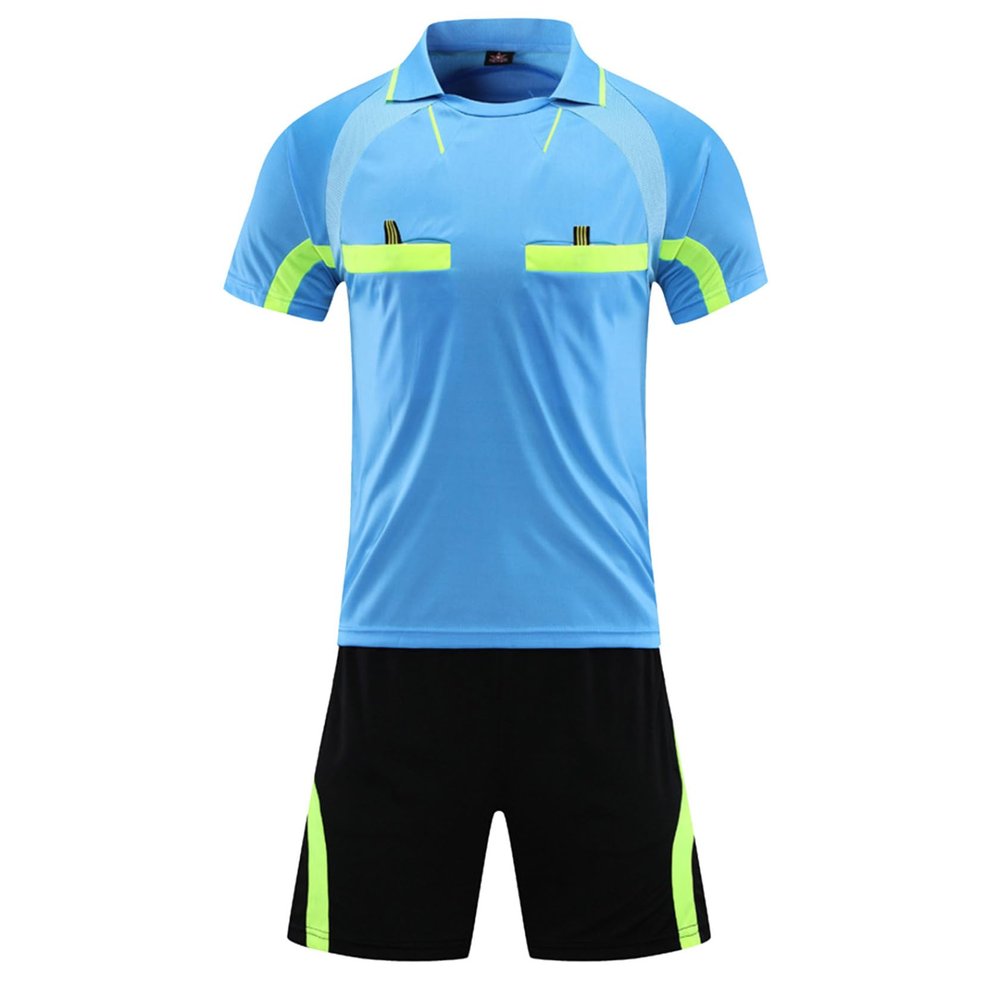 Fldy Mens Soccer Referee Costume Short Sleeve T-shirt Referee Soccer Jersey and Shorts Set with Pockets Tracksuit Blue XX-Large
