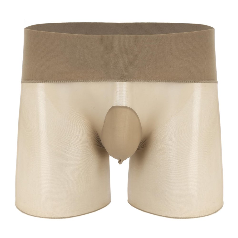 FEESHOW Men Silky Shiny See-Through Boxer Briefs Underwear Close/Open Penis Sheath Booty Shorts Nude&Bulge Pouch One Size