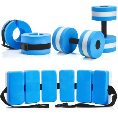 Motionchic 5 Pcs Water Aerobics Equipment Set, Pool Exercise Equipment for Adults with Swim Belt, EVA Pool Weights Dumbbells and Ankle Weights, Water Aerobics Weight Set(Blue,Classic)