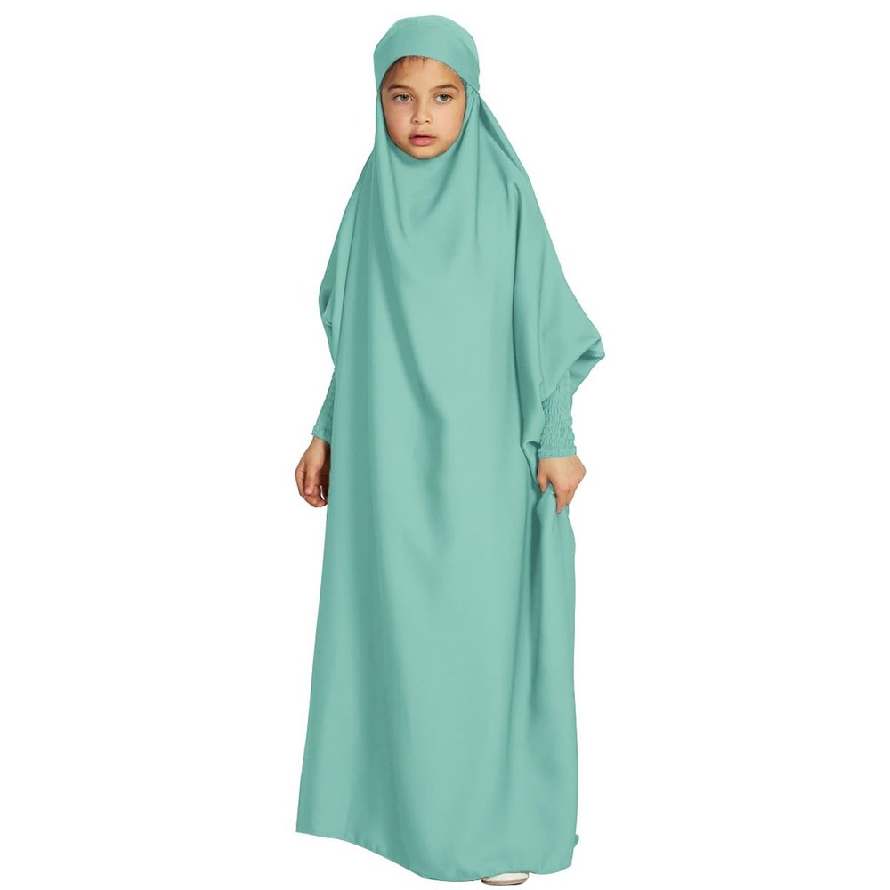 Abayas for Girls Abaya Full Cover Hijab Dubai Turkey Kaftan Prayer Dress Kids Muslim One Piece Long Sleeve Arabian Robe Ramadan Maxi Dresses Modest Islamic Casual Clothing Outfit Light Green 8-9 Years
