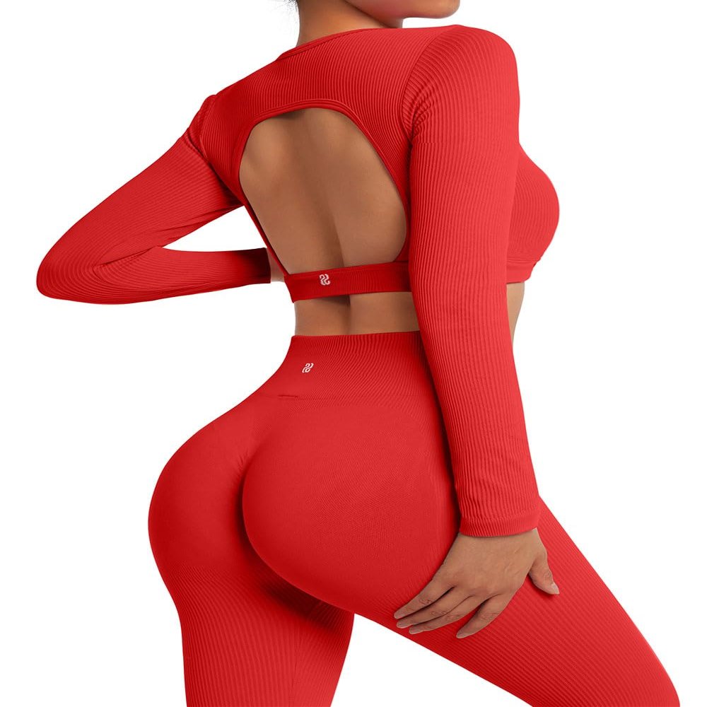 SUUKSESS 2 Piece Workout Sets for Women Long Sleeve Gym Sets Woman Butt Lifting Leggings Open Back Crop Tops