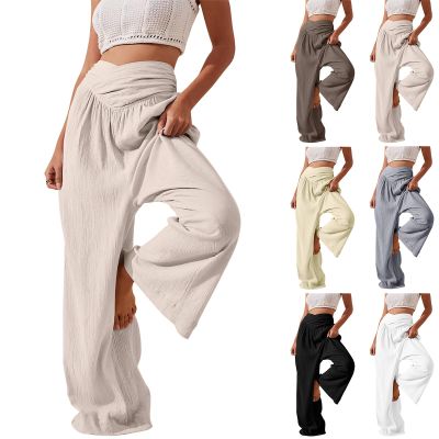 Women Linen Pants High Waisted Crossover Wide Leg Pants V Cross Waist Dressy Palazzo Pants Summer Boho Pants with Pocket Elastic Waist Lounge Pant Loose Trousers Flowy Hiking Pants Casual Beach Pants