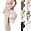Women Linen Pants High Waisted Crossover Wide Leg Pants V Cross Waist Dressy Palazzo Pants Summer Boho Pants with Pocket Elastic Waist Lounge Pant Loose Trousers Flowy Hiking Pants Casual Beach Pants view 1