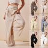 Women Linen Pants High Waisted Crossover Wide Leg Pants V Cross Waist Dressy Palazzo Pants Summer Boho Pants with Pocket Elastic Waist Lounge Pant Loose Trousers Flowy Hiking Pants Casual Beach Pants view 2
