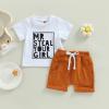 Baby Boy Summer Clothes Short Sleeve Mr Steal Your Snacks Letter Print T Shirt Top Solid Shorts Set Casual Outfits (White, 12-18 Months) view 2