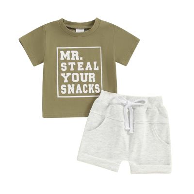 Baby Boy Summer Clothes Short Sleeve Mr Steal Your Snacks Letter Print T Shirt Top Solid Shorts Set Casual Outfits (Army Green, 2-3 Years)