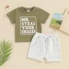 Baby Boy Summer Clothes Short Sleeve Mr Steal Your Snacks Letter Print T Shirt Top Solid Shorts Set Casual Outfits (Army Green, 2-3 Years) view 2