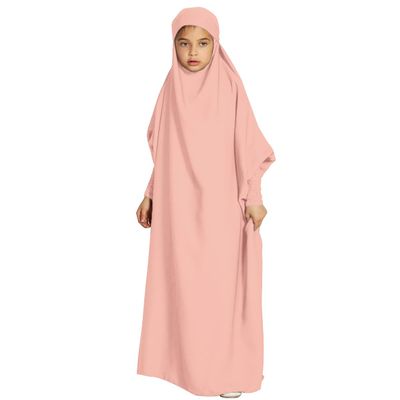 Abaya Muslim Girls Islamic Prayer Dress for Kids - Jilbab Muslin Thoub Isdal One Piece Ramadan Dubai Eid Dress - Peach Pink for 8-9 Years