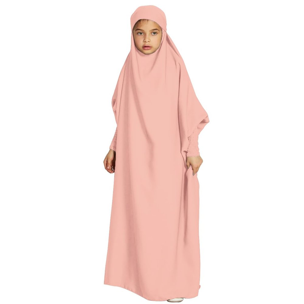 Abaya Muslim Girls Islamic Prayer Dress for Kids - Jilbab Muslin Thoub Isdal One Piece Ramadan Dubai Eid Dress - Peach Pink for 8-9 Years