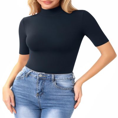 MANGOPOP Women's Mock Turtle Neck Slim Fit Half Elbow Short 3/4 Sleeve T Shirts Tight Tops Tee Deep Blue